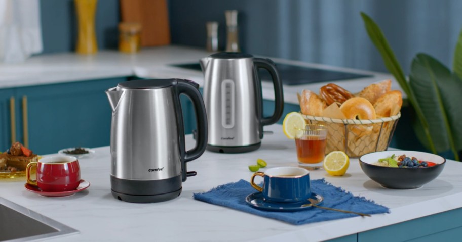 stainless steel kettle on table top