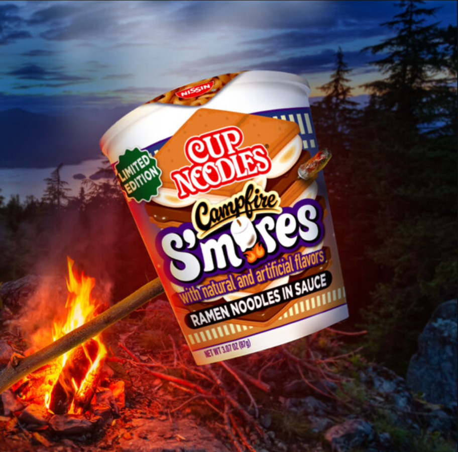 A cup of campfire s'mores ramen noodles