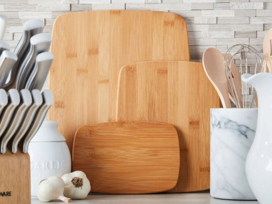 Farberware Kitchen Bamboo Cutting Board Set in a kitchen