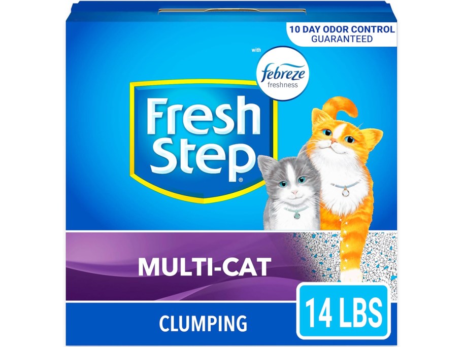 blue and purple box of Fresh Step Multi-Cat Extra Strength Scented Litter