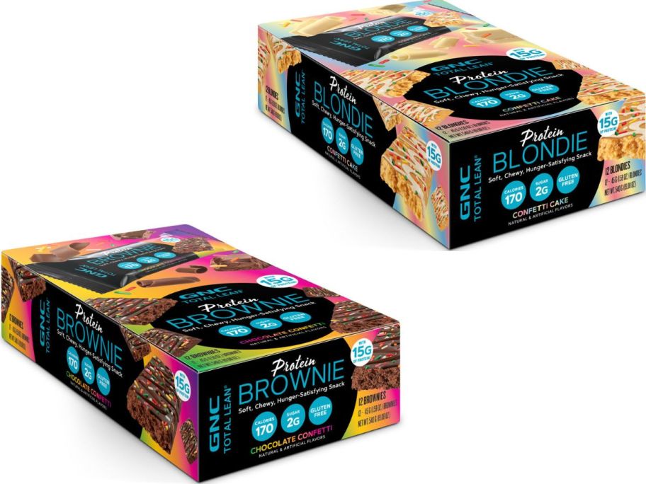 Stock images of 2 12-count boxes of GNC Total Lean Protein Brownies and Blondies