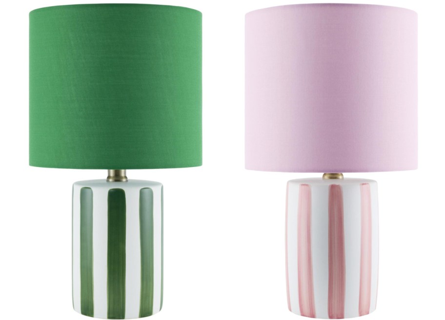 Two wayfair lamps in green and pink with stripped bases