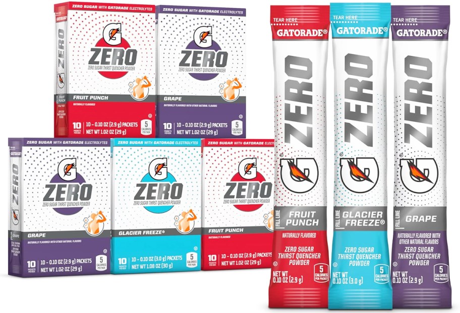 5 boxes of Gatorade G Zero Powder in 3 different flavors