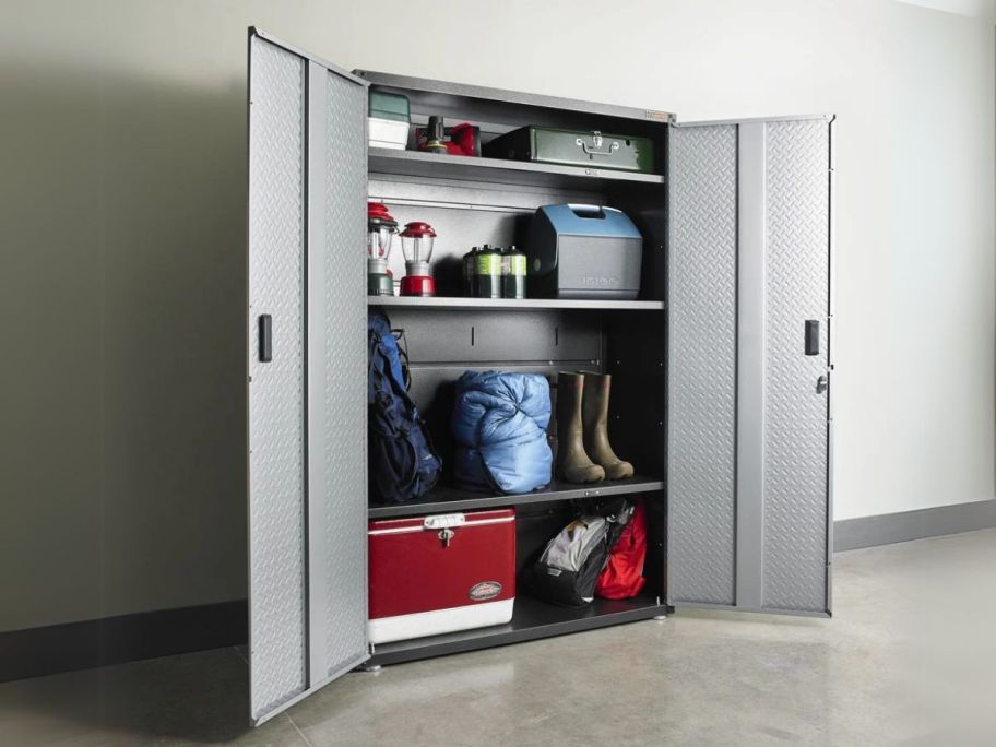 Gladiator Extra Large GearBox 48" x 72" x 18" Steel Garage Storage Cabinet in Gray open in garage