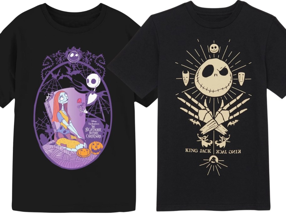 two kid's black graphic tees with Nightmare Before Christmas images on them