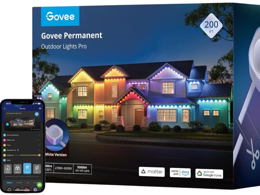 box with Govee outdoor lights next to a smart phone