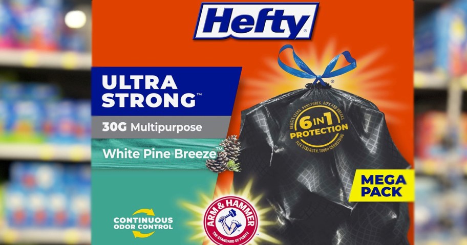 large box of Hefty Ultra Strong 30-Gallon Trash Bags in store