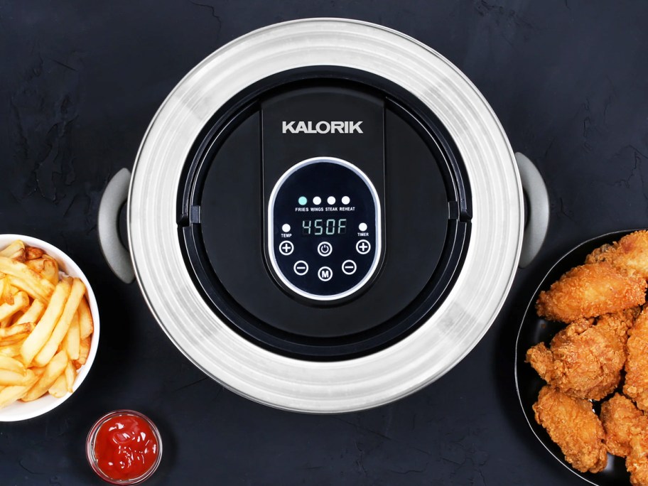 air fryer lid on pot neat fried chicken and fries