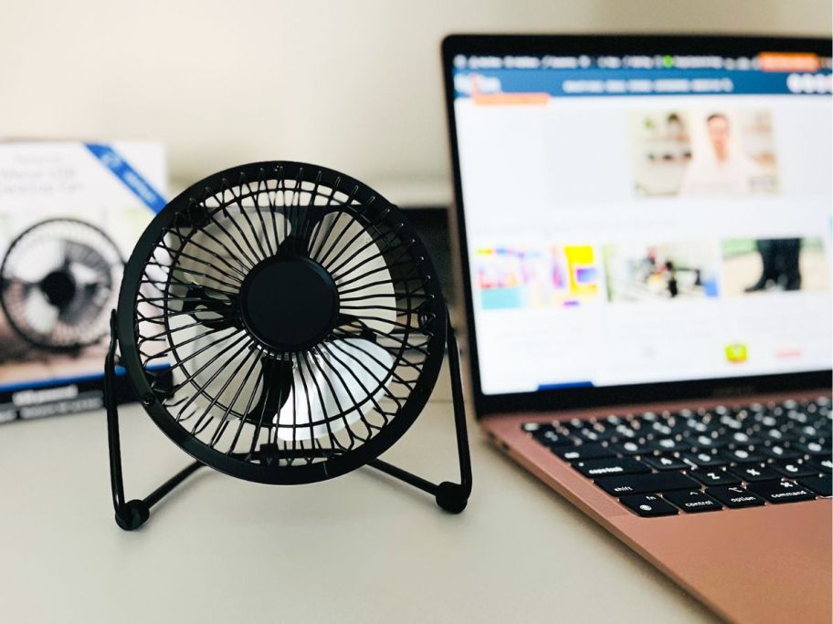 Mainstays USB fan next to a laptop