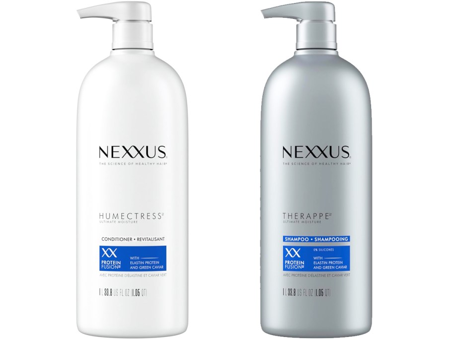 large white and silver bottles of Nexxus conditioner and shampoo