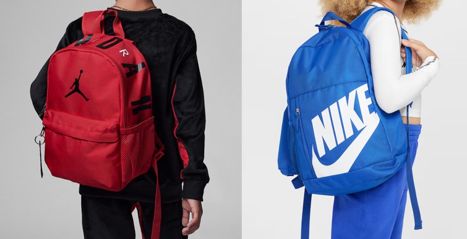 boy with red jordan backpack and girl with blue nike backpack