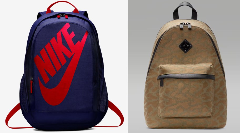 blue and red nike backpack and tan leopard print jordan backpack