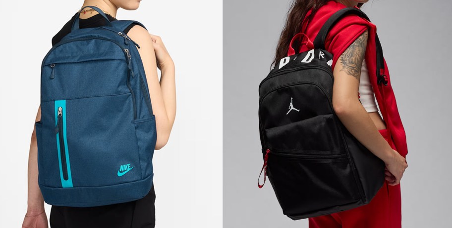 woman with blue nike backpack and woman with black jordan backpack