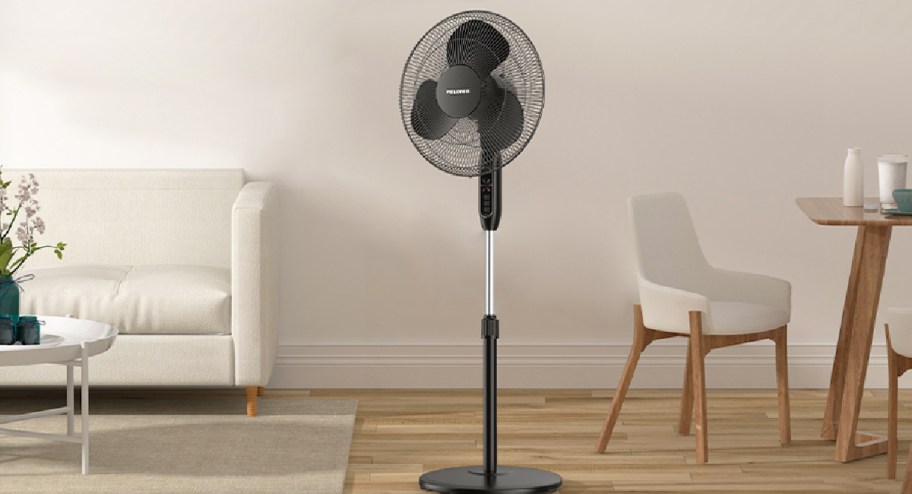 Pelonis standing fan iidplsyed in the living room