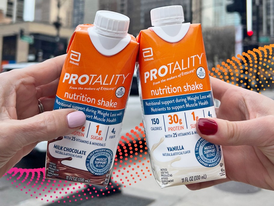 hands holding up two bottles of Protality nutrition shakes