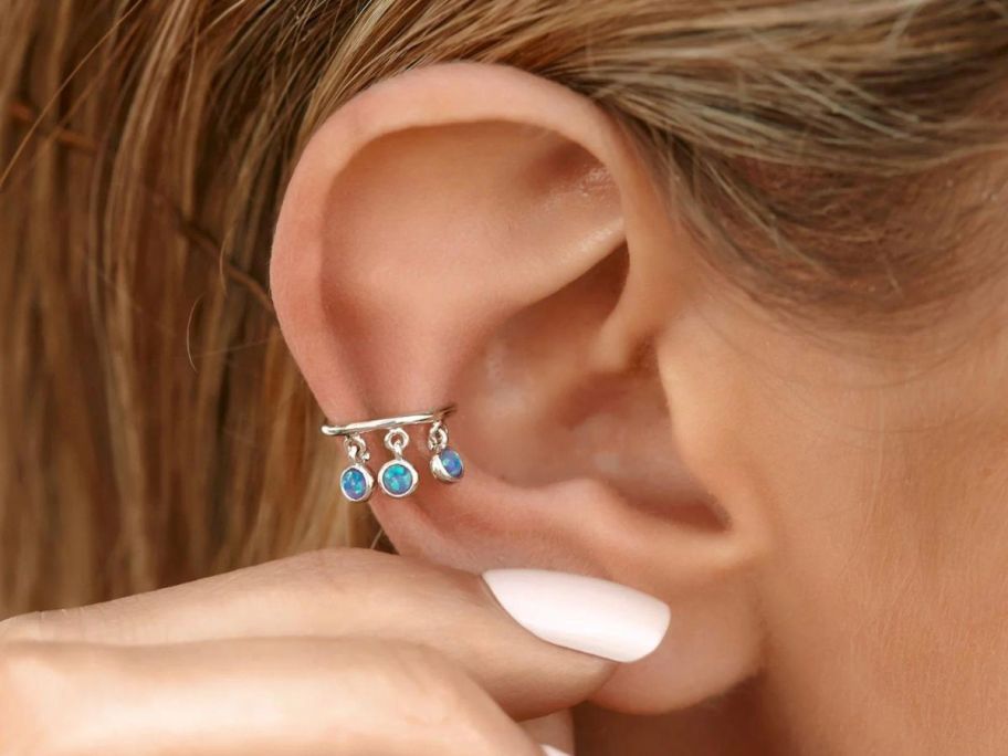 Pura Vida Silver Dangling Opals Ear Cuff on ear