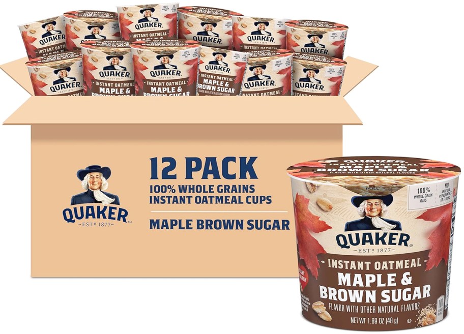 stock image of box filled with Quaker Instant Oatmeal Express Cups in Maple & Brown Sugar flavor