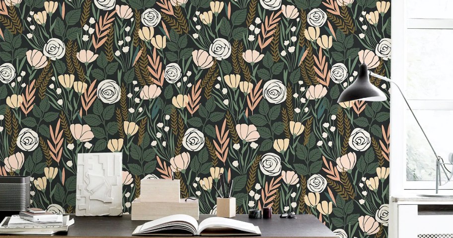 dark green & light pink floral print wallpaper