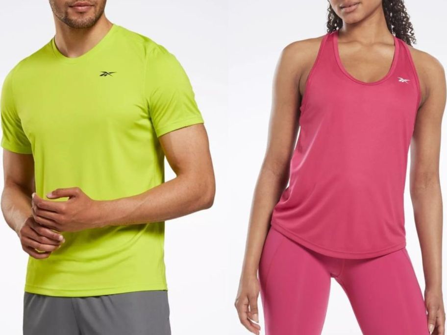 A man and a woman wearing Reebok tops