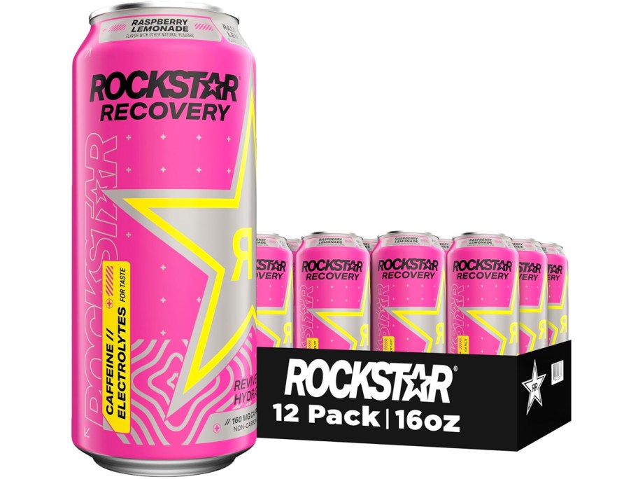 case of Rockstar Recovery energy drinks with large can in front of it