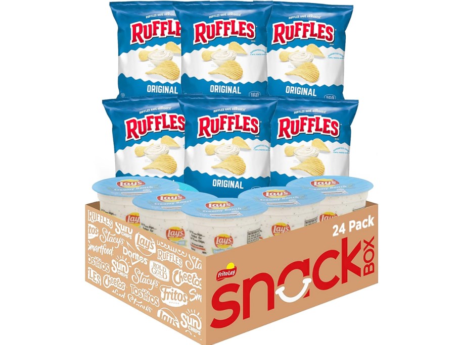 stock image of box filled with bags of ruffles chips and lay's ranch dip cups