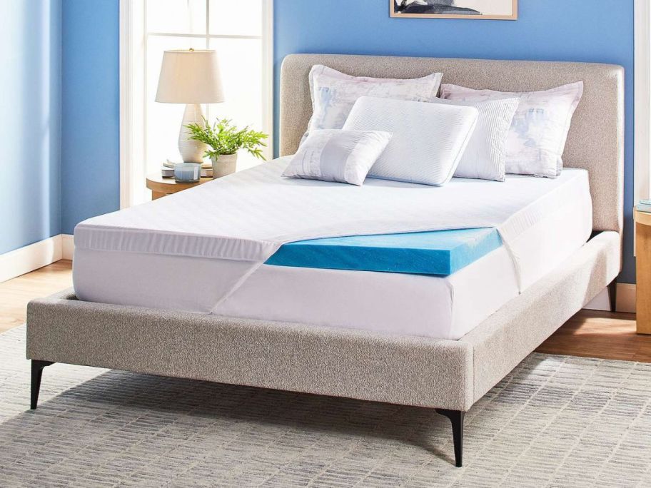 Serta Soothing Cool 3-Inch Gel Memory Foam Mattress Topper on bed in bedroom