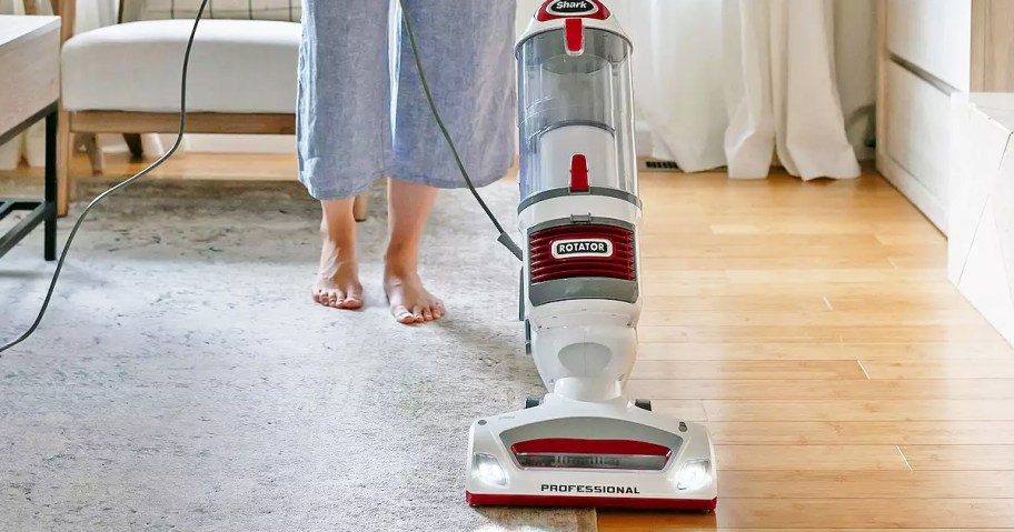 vacuuming floor with Shark Rotator Vacuum
