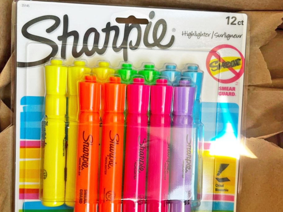 colorful pack of Sharpie Chisel Tip Highlighters in a cardboard shipping box