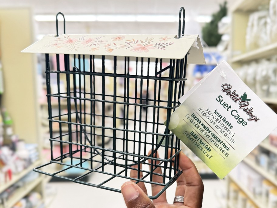 hand holding up a black metal cage bird feeder