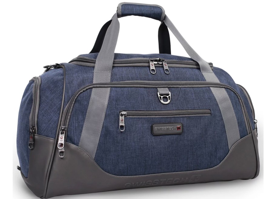 blue and grey travel duffle bag