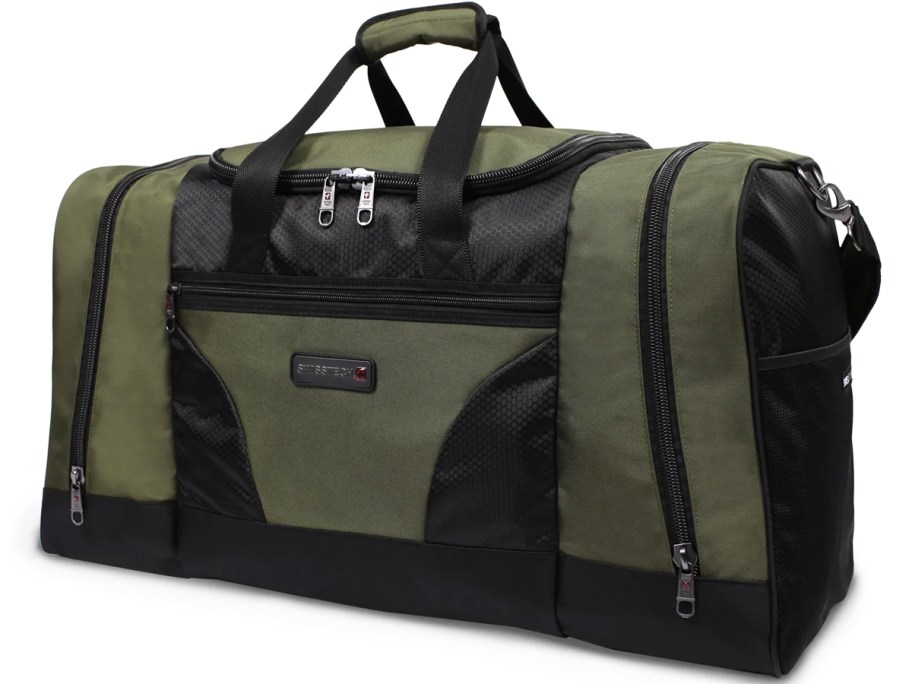 green and black travel duffle bag