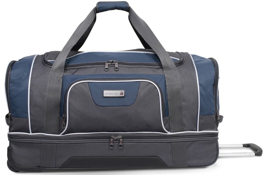 blue and grey rolling duffle bag