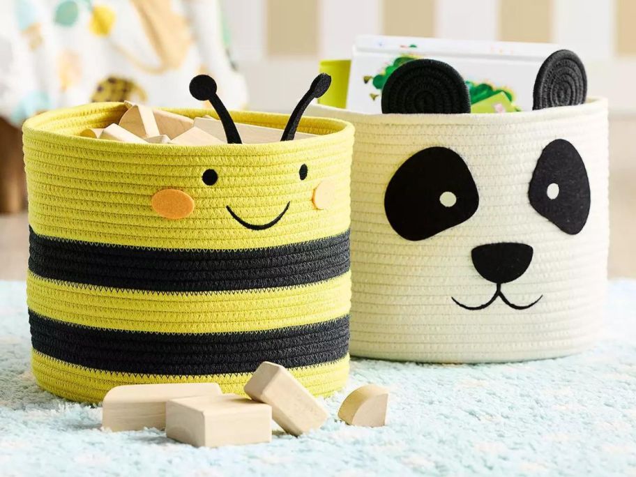 bee themed and panda themed rope baskets from Kohl's filled with toys