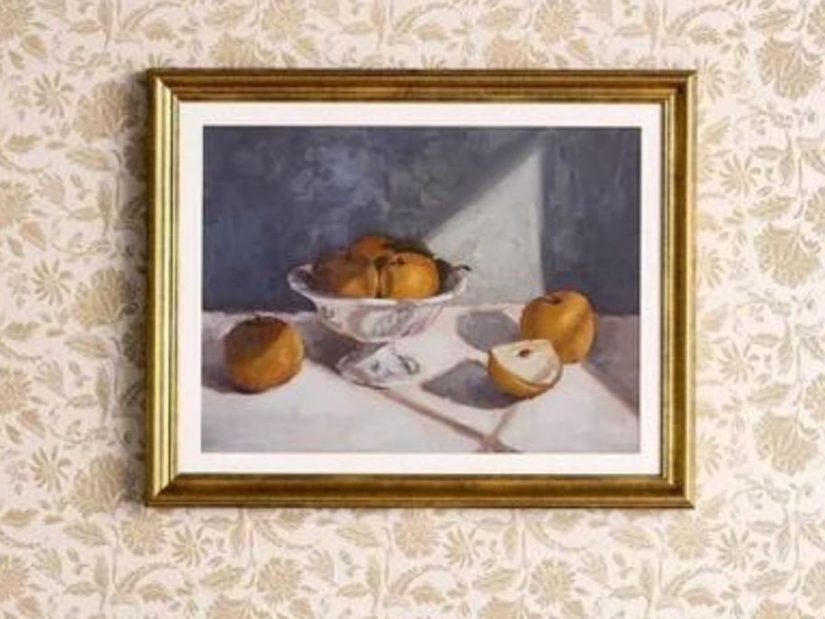 Threshold Designed w/ Studio McGee 20"16" Fruit Still Life Framed Wall Art on wallpapered wall