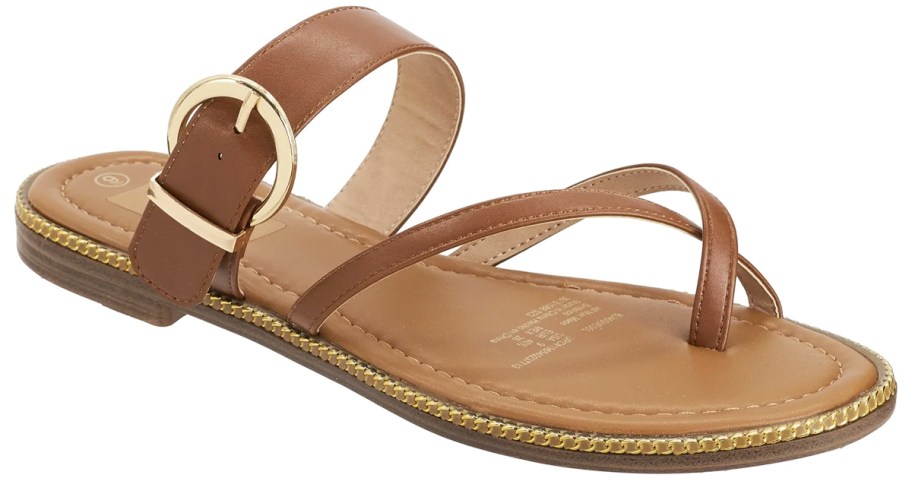 brown sandal with gold buckle