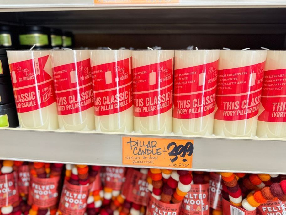 Trader Joe's Pillar Candles on shelf in store