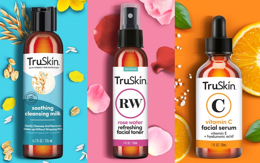 truskin cleanser, rose water mist, and vitamin c serum