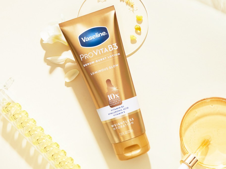 gold bottle of Vaseline Pro VitaB3 Serum Burst Lotion