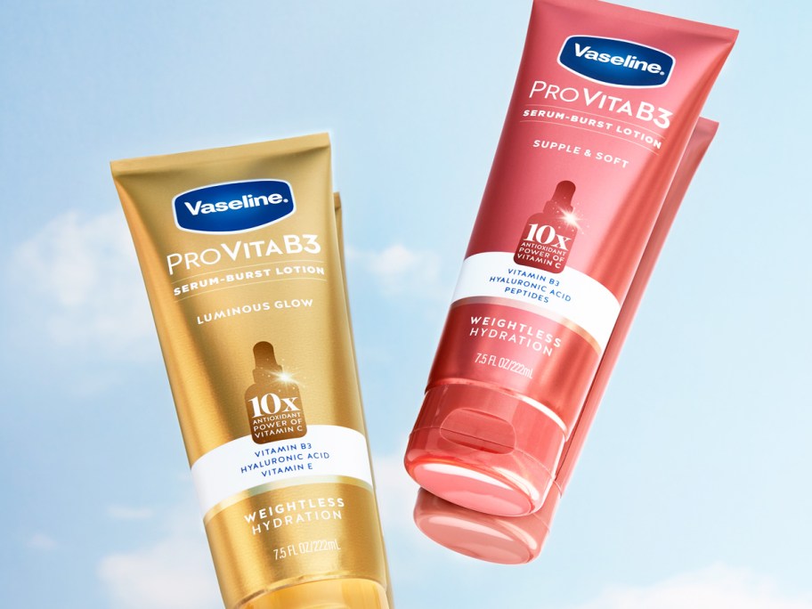 gold and pink bottles of Vaseline Pro VitaB3 Serum Burst Lotion