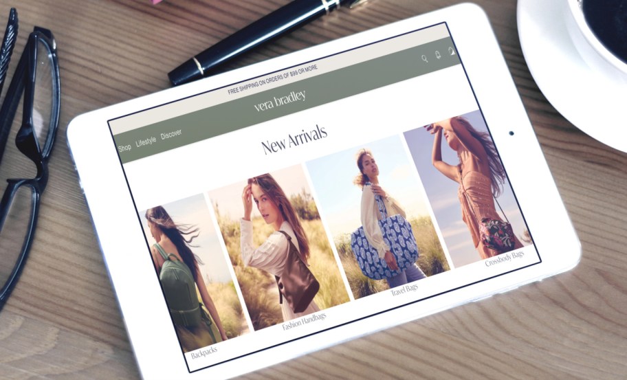 Vera Bradley website shown on a tablet