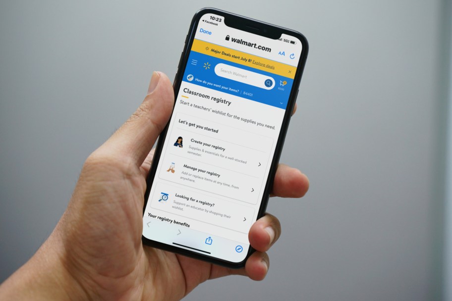 Walmart Classroom Registry shown on the phone