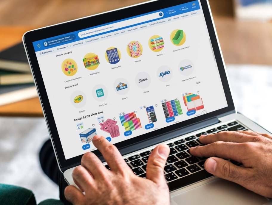 Walmart Classroom Registry categories shown on a laptop