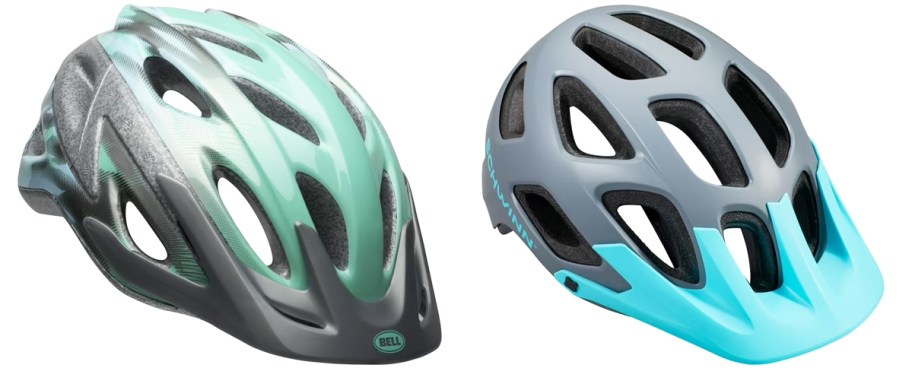 grey/green and grey/blue helmets