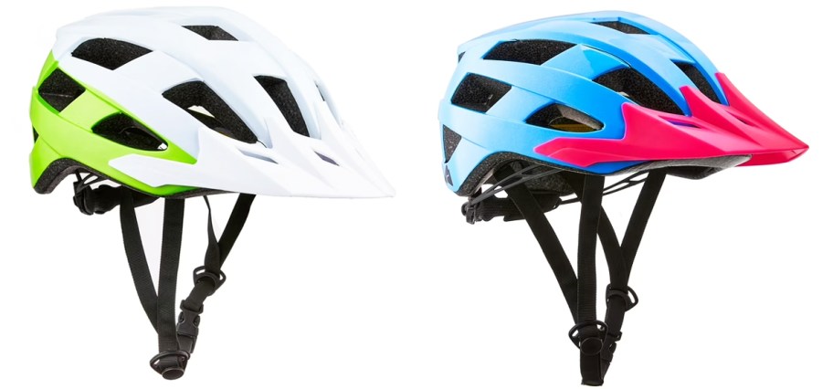white/green and blue/pink helmets