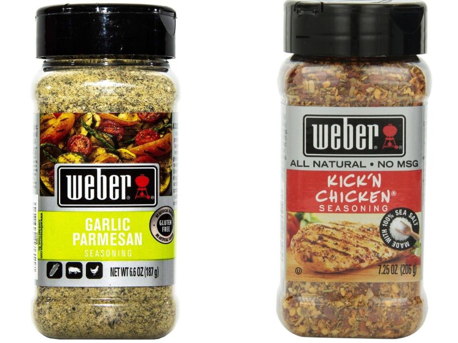 Stock images of two larger shakers of Weber Garlic Parmesan and Kick'n Chicken Seasonings