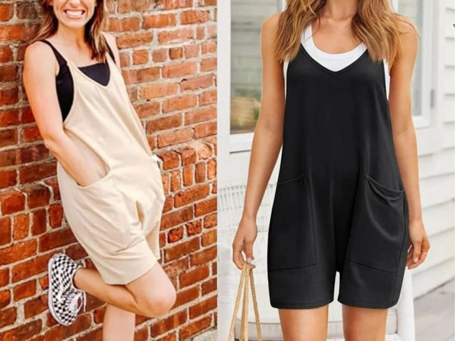 2 women wearing short rompers