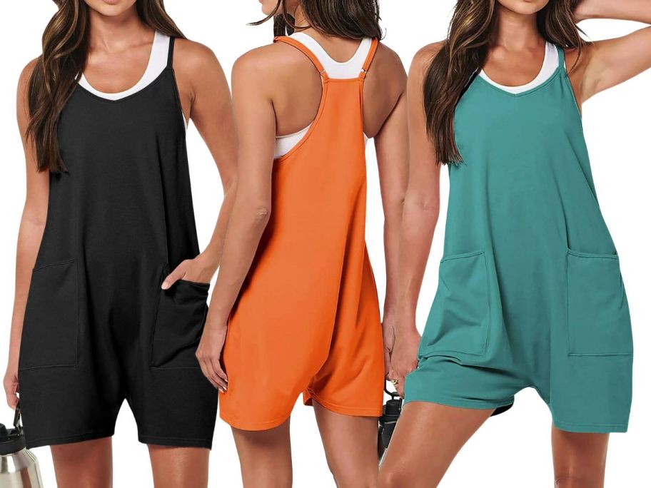 3 women wearing romper shorts