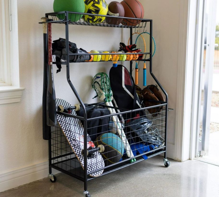 Workpro Rolling Equipment Storage Shelf with Sports Equipment