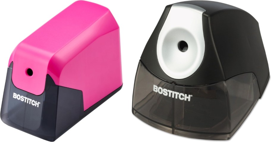 a pink and black battery pencil sharpener and a black and white pencil sharpener