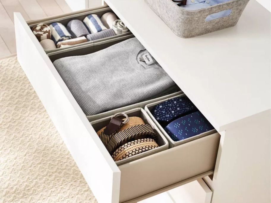 Brightroom Collapsible Fabric Drawer Organizer 4-Pack in dresser drawer with clothing in it